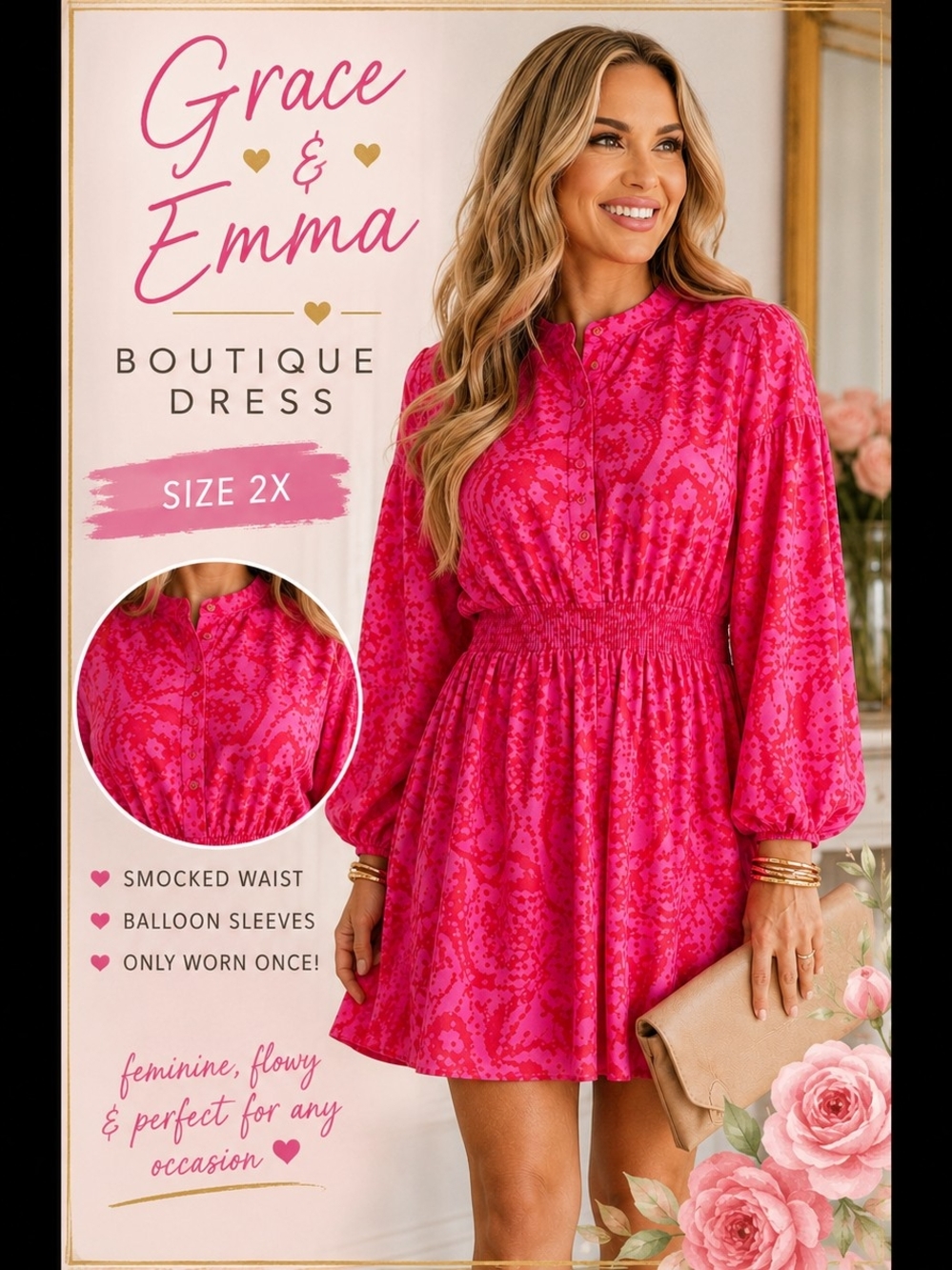 Grace & Emma Boutique Pink Smocked Mini Dress 2X | Boho Balloon Sleeve Babydoll